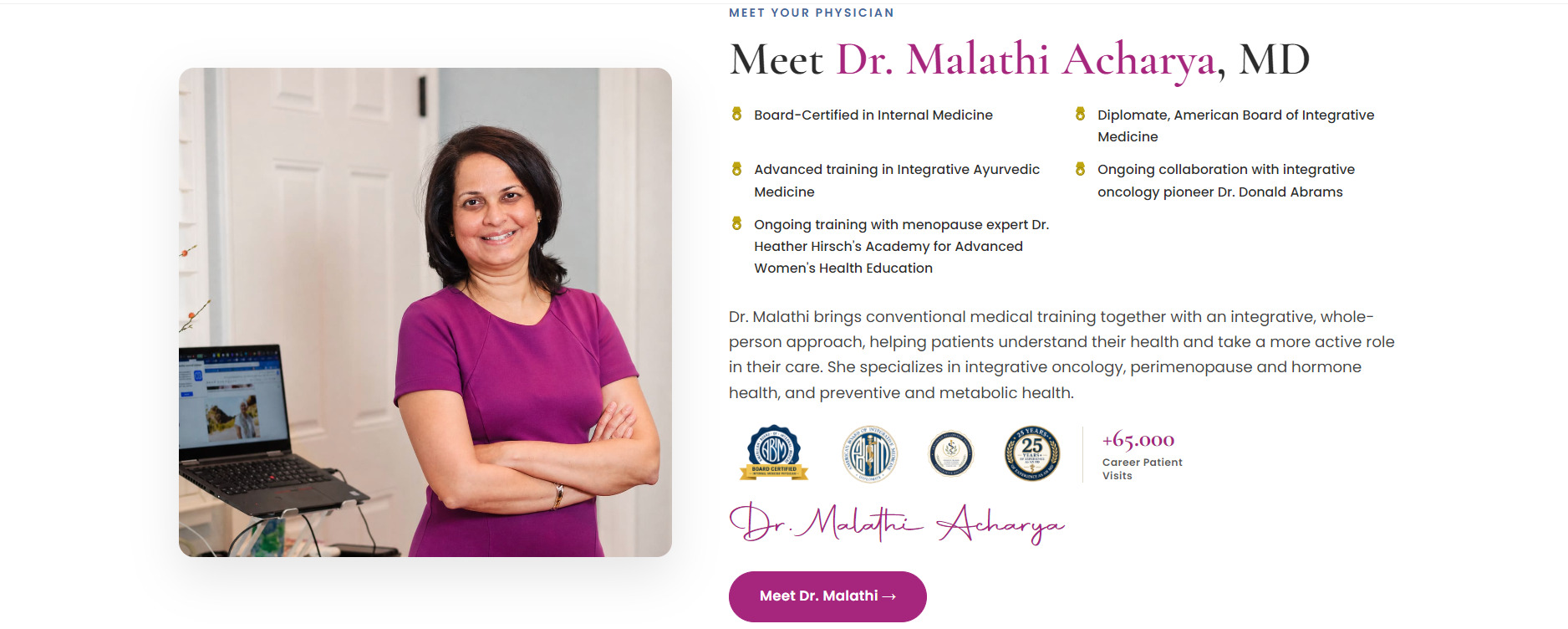 Dr. Malathi Acharya's physician bio section on the redesigned Ayur Integrative Medicine website